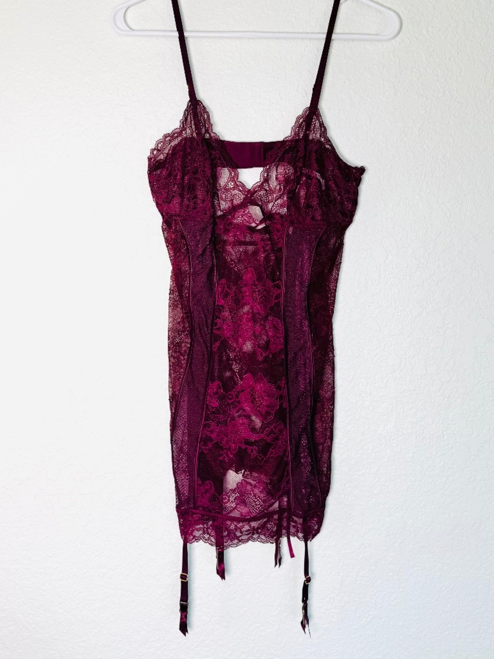 Victoria's Secret Lingerie L Burgundy Sheer Floral Lace Garter Slip Corset New